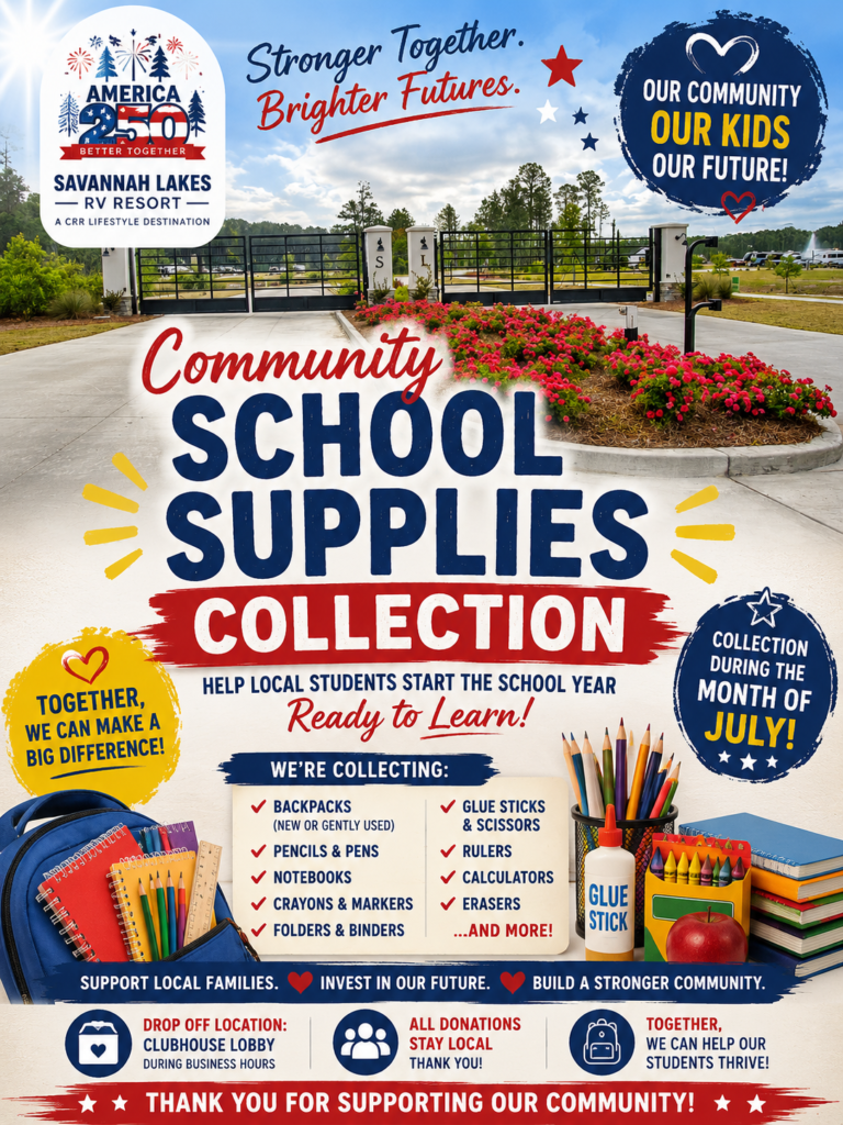 Poster promoting a July school supplies collection drive, listing needed items and drop-off info, encouraging local donations to support students for the new school year.