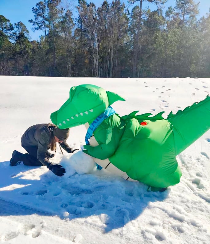 Person in a winter jacket and someone in a green dinosaur costume kneel in the snow, appearing to build a snowman in a snowy, tree-lined outdoor setting.