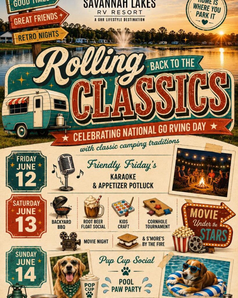 Event poster for Savannah Lakes RV Resort’s “Rolling Back to the Classics” celebration, featuring karaoke, BBQ, games, movie night, and a dog-friendly pool party from June 12–14.