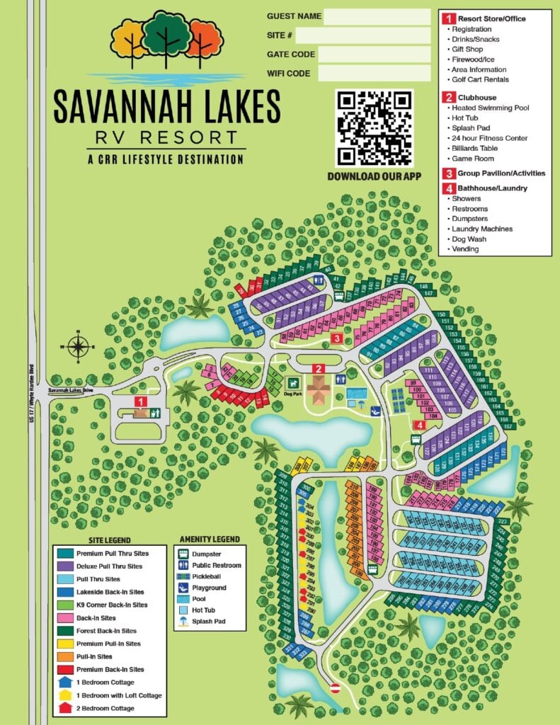 Color-coded site map of Savannah Lakes RV Resort, showing locations of RV sites, cottages, amenities, roads, ponds, parking, and a legend for reference.
