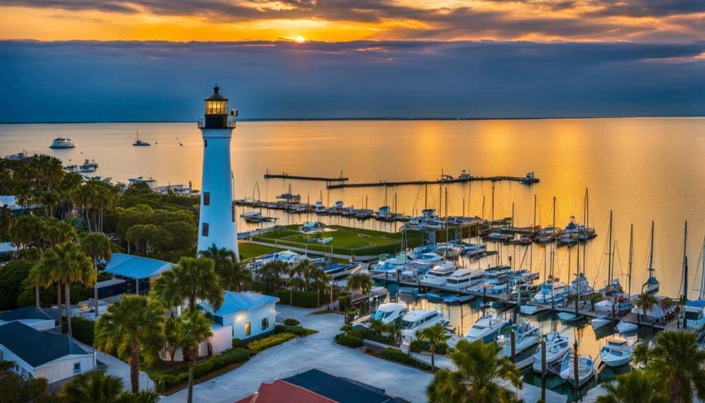 A lighthouse and marina with sailboats and yachts at sunset, calm water reflecting the golden sky, with palm trees and buildings in the foreground.