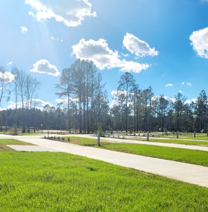 A row of empty concrete parking pads with green grass and tall pine trees under a bright blue sky with scattered clouds.
