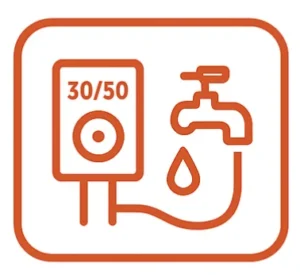 Icon of a pressure switch reading 30/50 connected by a pipe to a water faucet with a droplet, indicating water pressure control.