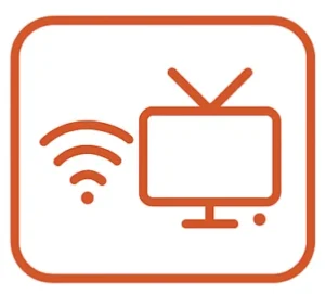 An orange line icon of a television next to a Wi-Fi symbol, all enclosed in a rounded square border.