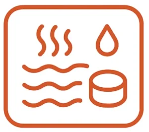 Icon showing three wavy lines, a water droplet, and a cylinder inside a rounded rectangle, possibly indicating steam, water, and a container.