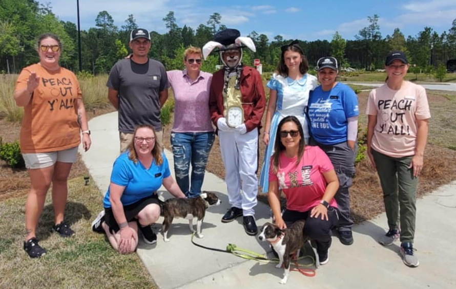A group of eight people, two in Alice in Wonderland costumes and six in casual clothes, pose outdoors with two dogs on leashes. Trees and a sidewalk are visible in the background.