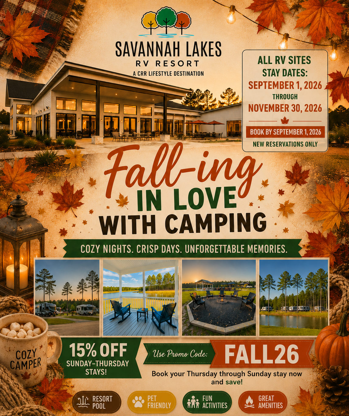 Savannah Lakes RV Resort fall camping promotion with photos of the resort, amenities, and booking details for September-November 2026 stays, featuring a 15% off promo code FALL26.