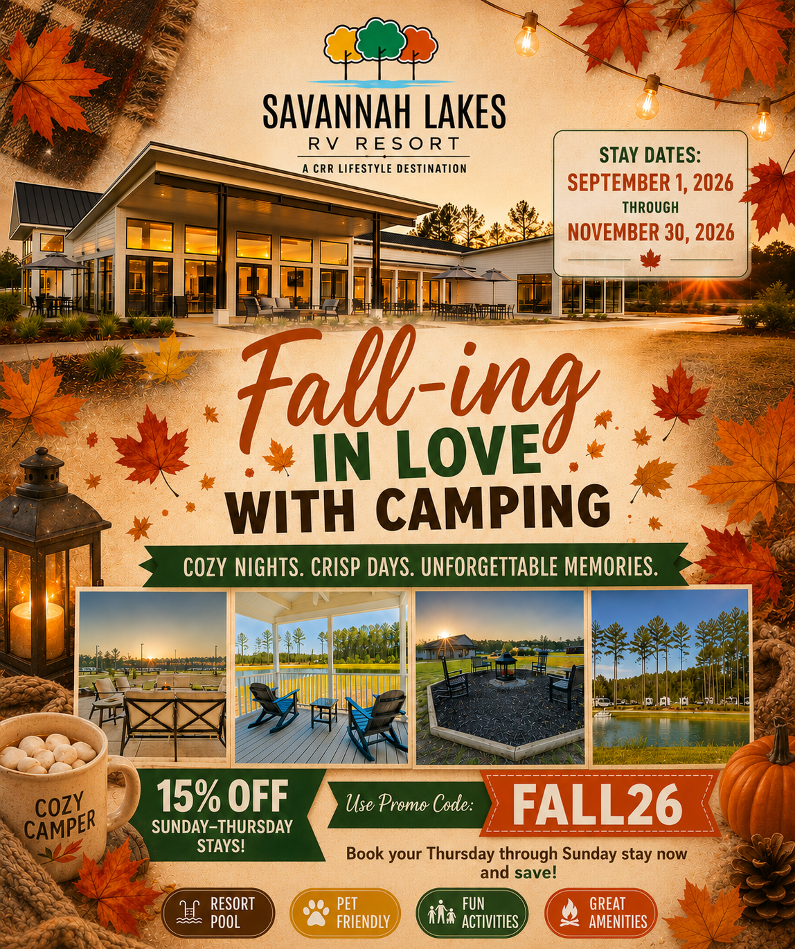 Savannah Lakes RV Resort promo with autumn leaves, modern building, pool, lake, fire pit, and discount for fall stays using code FALL26. Dates: September 1–November 30, 2026.