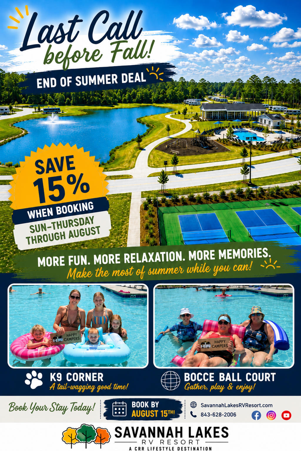 A lakeside RV resort with pools, palm trees, and families enjoying water activities, plus dogs and kids playing near a bocce ball court. Promotional text advertises a 15% summer discount.