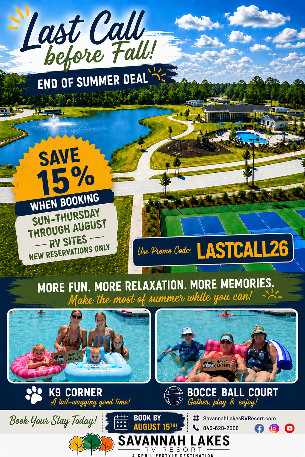Aerial view of Savannah Lakes RV Resort, with a pool, lake, recreational areas, and families enjoying pool floats and activities. Promotional text highlights summer deals and booking offer.