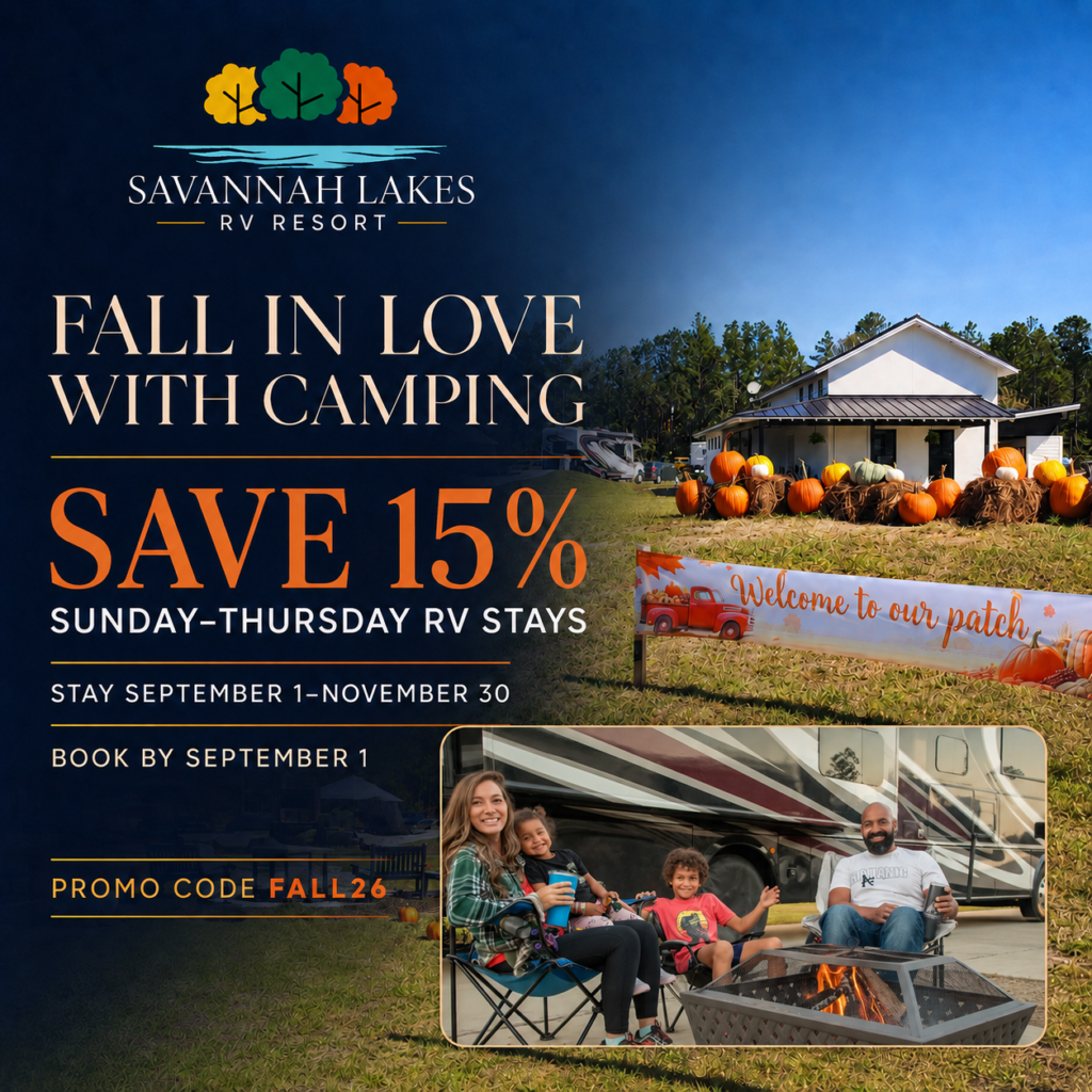 Promotional image for Savannah Lakes RV Resort offering 15% off Sunday-Thursday RV stays from September 1 to November 30 with promo code FALL26. Features autumn decor and a family camping.