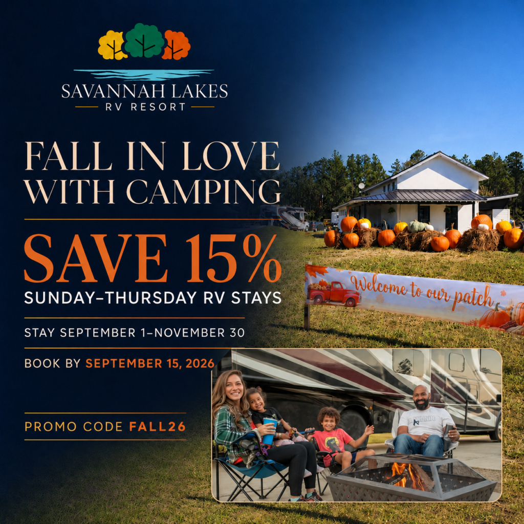 Promotional image for Savannah Lakes RV Resort offering 15% off Sunday-Thursday RV stays, featuring fall decorations and a family by a campfire. Promo code: FALL26.