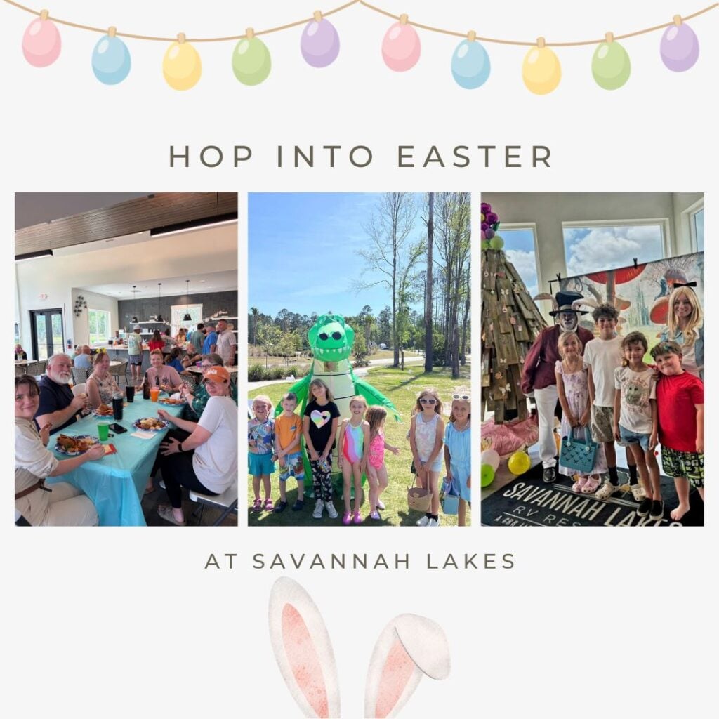 Three photos show families eating, children with a person in a green bunny suit outdoors, and kids posing near an Easter display at Savannah Lakes’ Easter event.