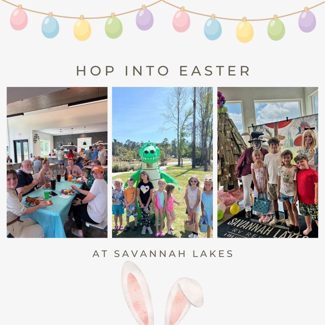 Three photos show families eating, children with a person in a green bunny suit outdoors, and kids posing near an Easter display at Savannah Lakes’ Easter event.