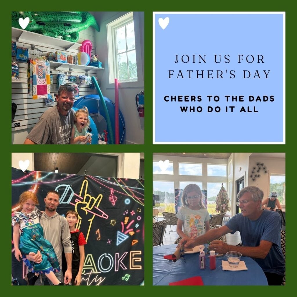A collage of families celebrating Father’s Day, with dads and kids posing, crafting, and standing by a karaoke sign, alongside a message honoring dads.